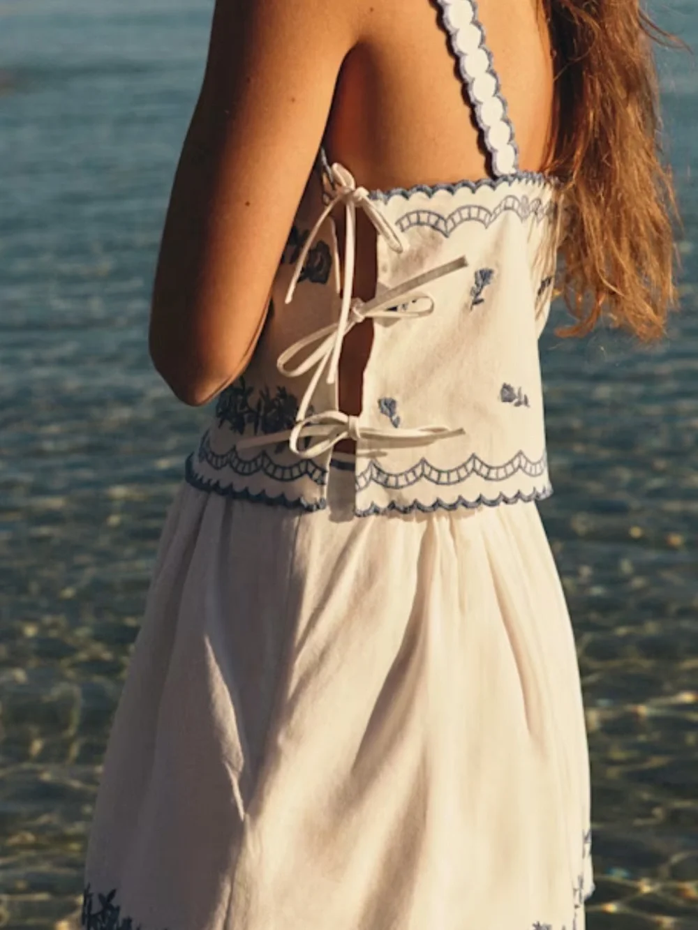 Sézane Sabyna Top Noam Skirt Set Ecru Blue Embroidered Cotton FR 36 US 4